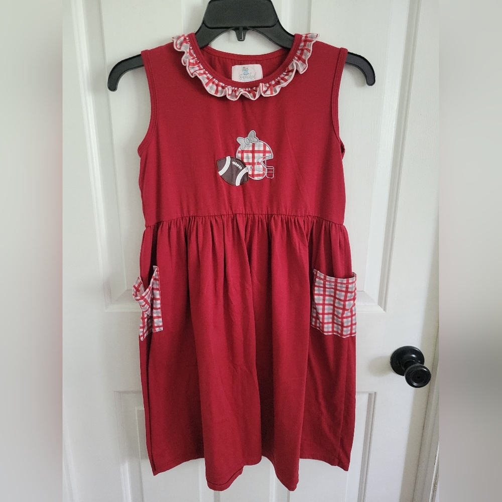 Smocked Polka Dot Girls  Red Plaid Football Helmet Game Day Size Dress 10-12